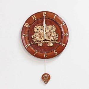 쌍부엉이원형 브라운 인테리어 벽시계
