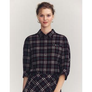 헤지스 여성 24FW 반값세일울 다크브라운 체크 7부소매 셔츠 HSSH4C701W3