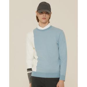 헤지스 골프 24FW 블루 남성 컬러블록 라운드 풀오버 니트 HUSW4C611B1