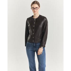 헤지스 여성 24FW 가격인하양가죽 다크브라운 라운드넥 레더 자켓 HSJA4D801W3