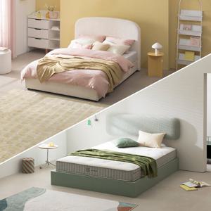 [지누스침대][Q] 퍼프 아이보리 부클레 침대SET / 그린티 럭스S 스프링 매트리스 25cm 침대 세트 프레임 퀸