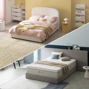 [지누스침대][Q] 퍼프 아이보리 부클레 침대SET / 클라우드 럭스S 스프링 매트리스 35cm 침대 세트 프레임 퀸