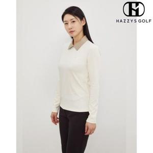 [헤지스골프] (HWTS4C921CR) 크림 여성 카라 배색 긴팔 골지 티셔츠