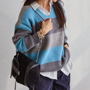 [나크21] (55~88)컬러배색 브이넥 하찌니트 NK43-T-69