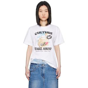 25 FW 모스키노 여성 화이트 컬처 테이크 어웨이 티셔츠 242132F110001