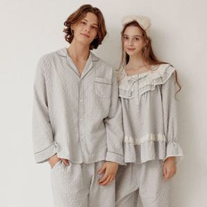 바풀 LL44082-52 커플잠옷 순면 거즈 파자마 투피스 남성 여성