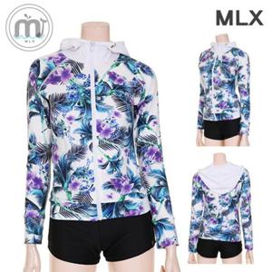 (MLX) 여자 비치웨어 플라워 프린트 후드집업 래쉬가드 수영복-DM_322
