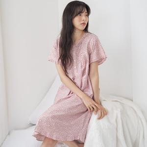 메이플라워 핑크잔꽃 여성 순면 반팔 빅사이즈 잠옷 원피스