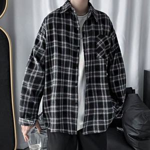 남자여름남방셔츠 남자 검은색 체크 무늬 블랙 루즈핏 남방 셔츠