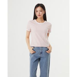 플라스틱아일랜드  (PR7CH305)  BEIGE 라운드넥 배색 슬림 반팔 티셔츠