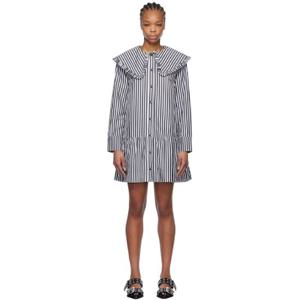 25 FW 가니 여성 블랙   화이트 스트라이프 셔츠 미니 드레스 251144F052013