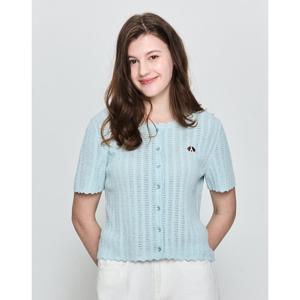 헤지스 여성 25SS 면라이트블루 케이블 퍼피 자수 반소매 라운드넥 가디건 HSSW5BL91B1
