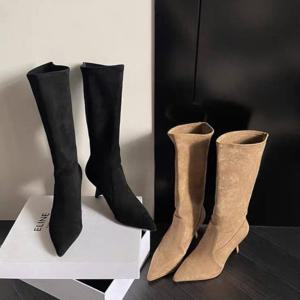[옷자락]여자 스틸레토 뾰족코 세무 무릎기장 부티 부츠