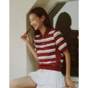 헤지스 여성 24FW 면100% 스트라이프 반팔 카라 티셔츠 HSTS4DL33D2