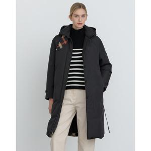 닥스 여성 24FW 구스다운 블랙 트렌치형 탈착 후드 양가죽 배색 롱 경량다운 점퍼 DLJU4D005BK