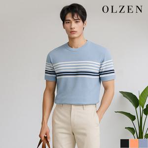 [올젠] 스트라이프 배색 반팔 니트 (ZAD2ER1904)