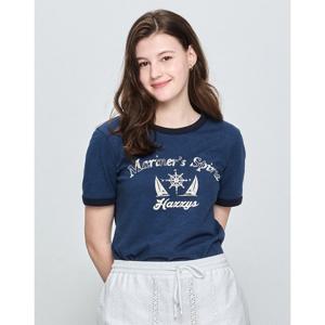 (+더블쿠폰 10%) 헤지스 여성 25SS 면100%라이트네이비 마린 그래픽 링거 반소매 티셔츠 HSTS5B505N1