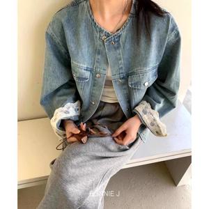 노카라 라운드 데님 레이스 소매 자켓 오버핏 청자켓 B-CT1029