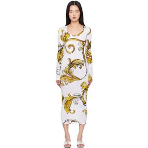 26 SS 베르사체진스꾸뛰르 여성 화이트   옐로우 아웃라인 바로코 미디 드레스 251202F054008