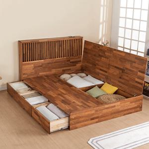 [착불] 갤러리 멀바우원목 수납형 LED 조명 침대프레임 Q