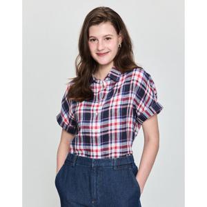 헤지스 여성 25SS 린넨100%네이비 체크 반소매 셔츠 HSSH5B409N2