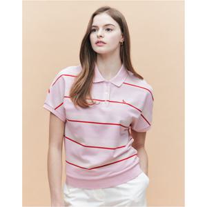 헤지스 여성 25SS 면라이트핑크 스트라이프 릴렉스핏 피케 반소매 카라 티셔츠 HSTS5BC34P1