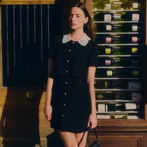 [SATIN] 배색 레이스 카라 트위드 반팔 원피스 O252T612