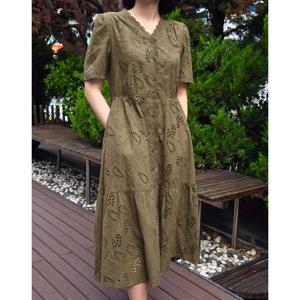 헤지스 여성  카키 펀칭배색 면 반소매원피스 HSDR5BS02K2