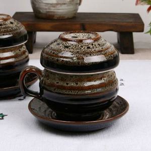 다기세트 천목 호피무늬 손잡이 부부 2인구성