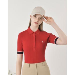 헤지스 골프 여성 25SS 레드 여성 라인배색 반팔 카라 니트 HWSW5B301R3
