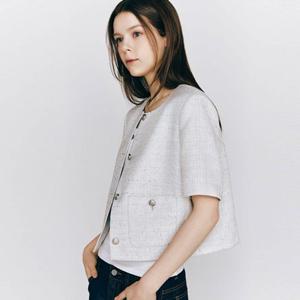 지오다노 375516 크루넥 아웃 포켓 숏 슬리브 트위드 자켓 05375516