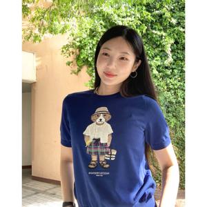 헤지스 여성 25SS 블루 로고자수 면혼방 반팔니트 HSSW5B410B2