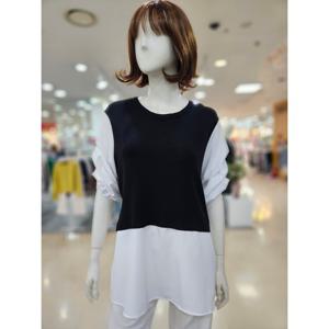 [아날도바시니]니트 리본 배색 셔링 5부 블라우스 AY05BL30S1