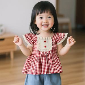 [엠케이] 레드체크 여아동 나시 프릴 블라우스 205777