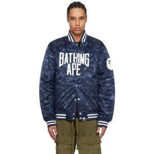BAPE 점퍼 네이비 솔리드 카모 NYC 로고 바시티 보머 재킷 242546M175006