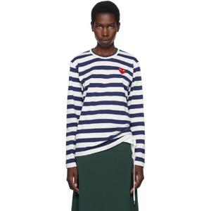 25 FW 꼼데가르송 여성 네이비   화이트 L S 스트라이프 라인스톤 티셔츠 252246F110002