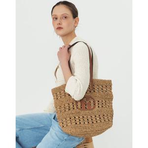 [쇼핑백동봉][H20] 핸드메이드 H레더 패치 베이지 라탄 숄더백 HIBA5E791I2