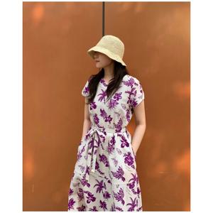 헤지스 여성 25SS 코튼 시어서커 타히티 패턴 캡 소매 원피스 퍼플 HSDR5B501U2