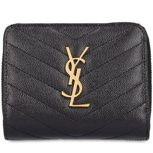 25 FW 생로랑 골드 컬러 메탈 로고 레더 스냅 버튼 지퍼 지갑 블랙 403723 BOW01 1000