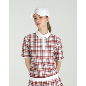 헤지스 골프 여성 25SS 버건디 여성 폴란넬 체크 반팔 카라 티셔츠 HWTS5B354D3