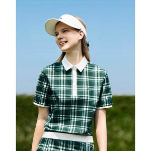 헤지스 골프 여성 25SS 그린 여성 폴란넬 체크 반팔 카라 티셔츠 HWTS5B354E3