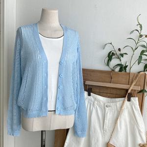 샵앤) 여성 V넥 망사 레이어드 휴양지룩 긴팔 니트 가디건 JR-WCD-4419-블루