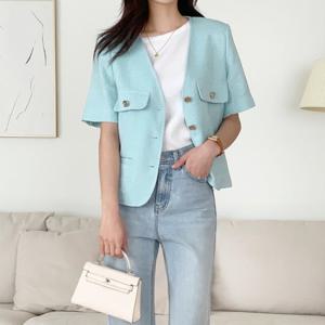 [옷자락]여자 플랩 V넥 SS 카라없는 주머니 트위드 반소매 자켓