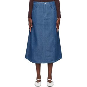 25 FW 스토리 엠에프지 여성 블루 트위스티 데님 미디 스커트 242480F092002