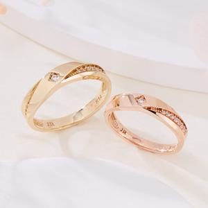 [비앤비골드] 14K 웨이브 사선 컷팅 큐빅 커플링 반지 세트 RCS41568