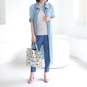 [쉬즈마담]J31688 샤도 데님패턴 플리츠 카라롱자켓 50대엄마옷