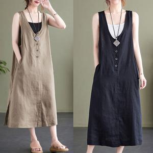 [바바라옷장]259292 - 깊은넥 버튼 면마 롱원피스 면원피스 여성