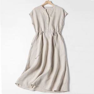 [바바라옷장]256599 - 헨리넥 스트링 린넨면롱원피스 면원피스