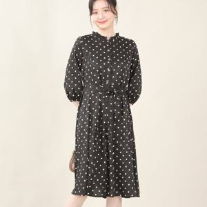 애비뉴투지 엄마옷 도트 셔링 단추 오픈 여름 칠부 허리끈 롱 원피스 K06503