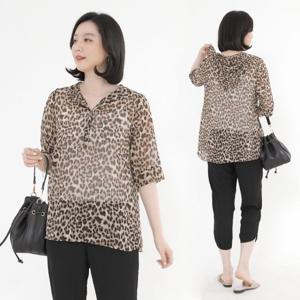 [애비뉴투지]호피 후드 쉬폰 여름 반팔 루즈핏 블라우스 B07148